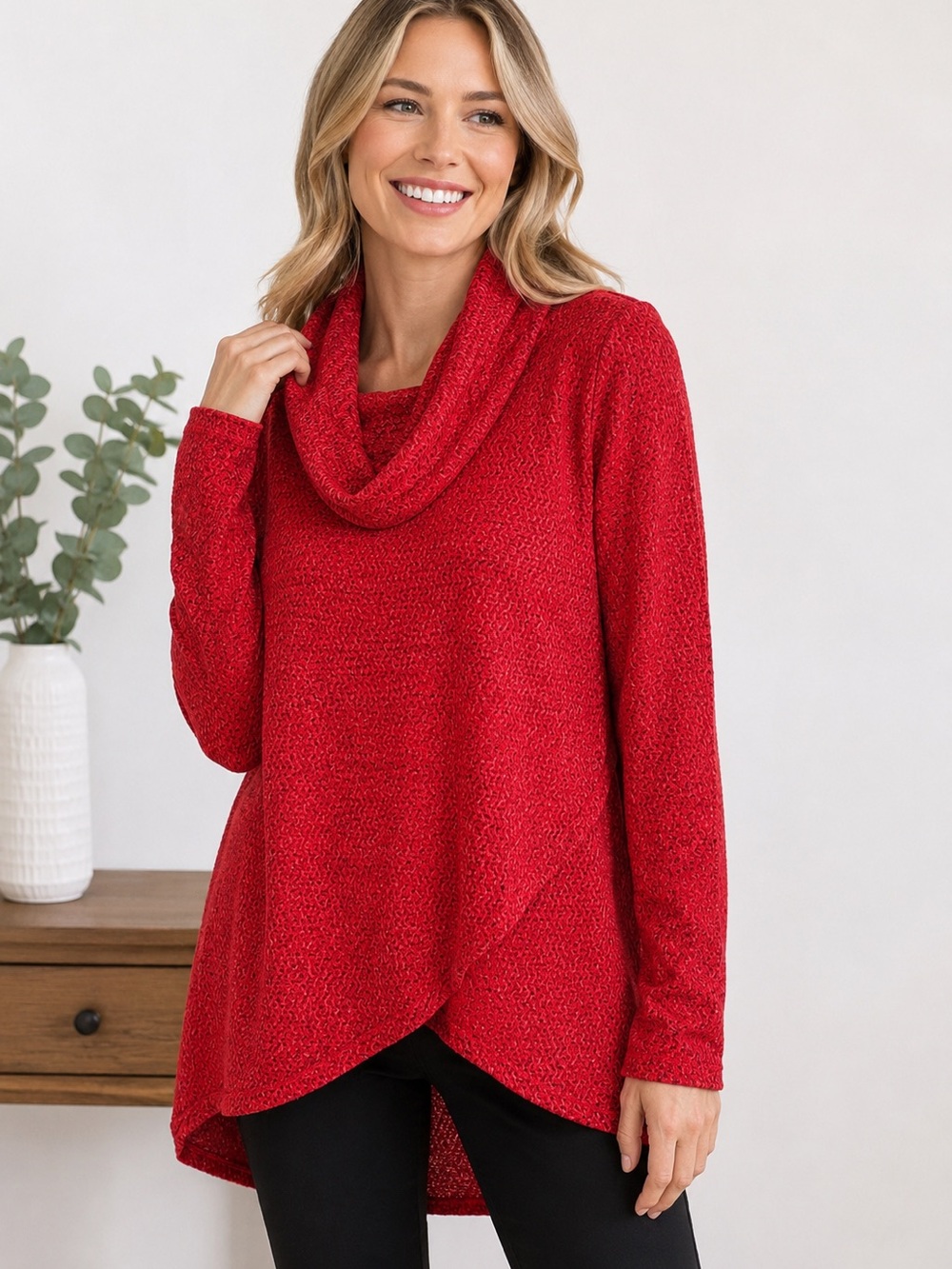I.N. Studio Sweater Womens Small Red Marled Cowl Neck Knit Long Sleeve Hi Low